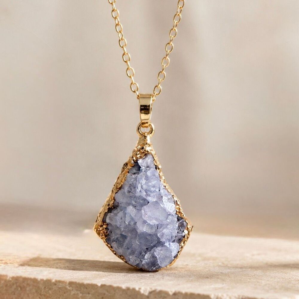 Grey Druzy Quartz Pendant Necklace - Rough Crystal Nugget with Gilded Edge